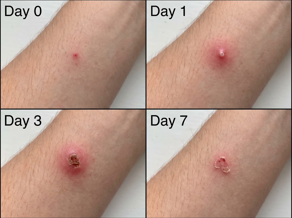 Side-by-side comparison photo labeled to show a fire ant sting pustule next to a puffy red mosquito bite welt
